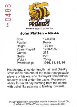 2001 Weg Art '89 Premiers #17 John Platten Back